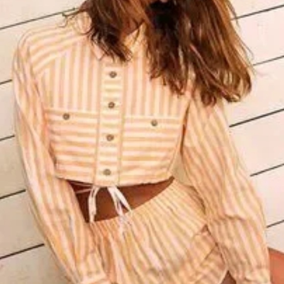 Free People Freddie Stripe crop buttoned down long sleeves cotton linen blend S - Picture 1 of 9
